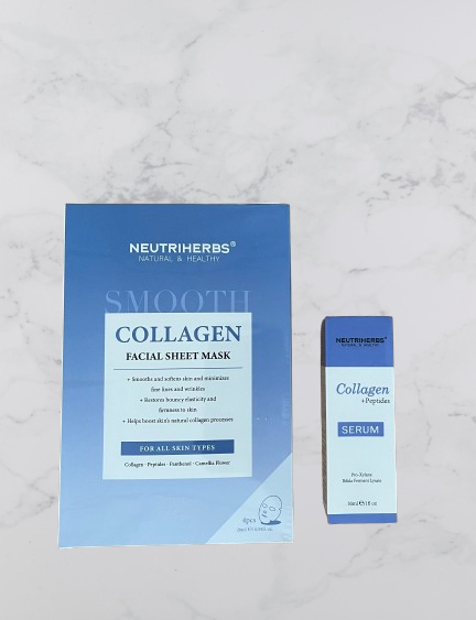 Pakke med Neutriherbs Collagen Peptid Serum 30ml + Collagen Mask 4stk